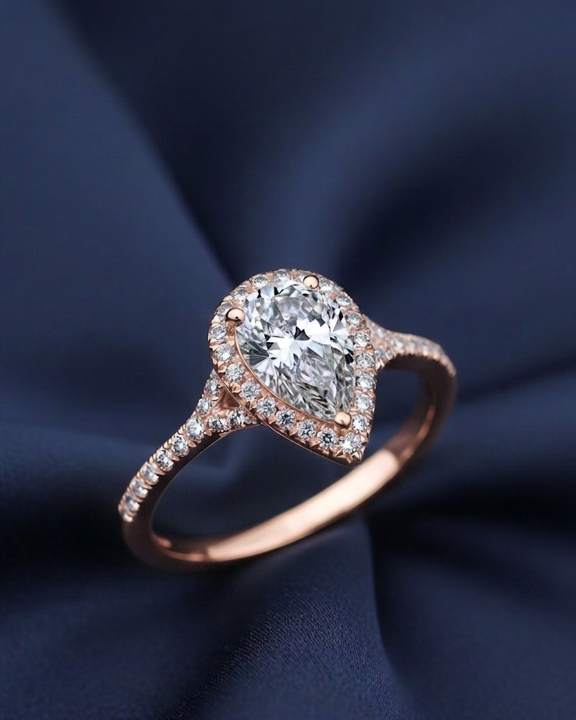 Pear Shape Halo Diamond Ring Rose Gold by Avikaara Jewels