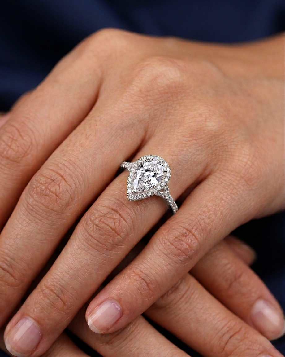 Pear Shape Halo Diamond Ring White Gold by Avikaara Jewels