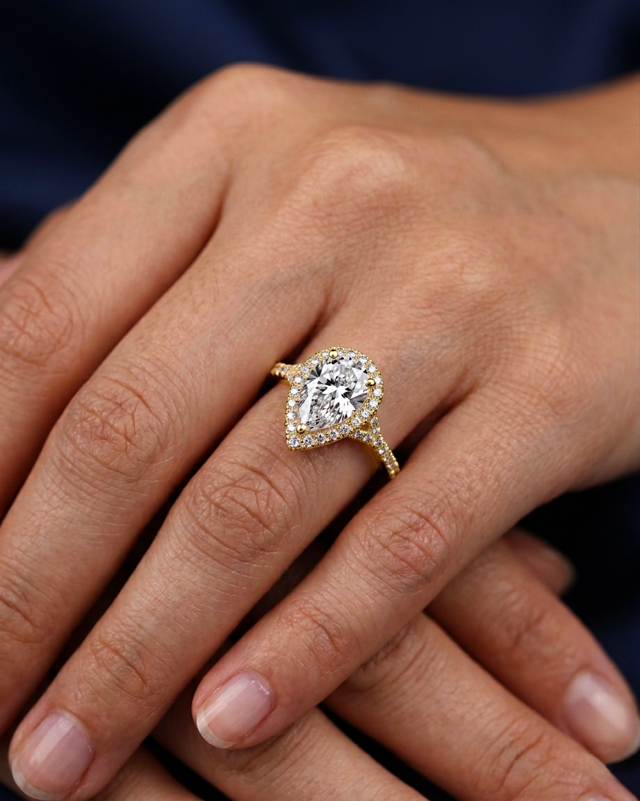 Pear Shape Halo Diamond Ring Yellow Gold by Avikaara Jewels