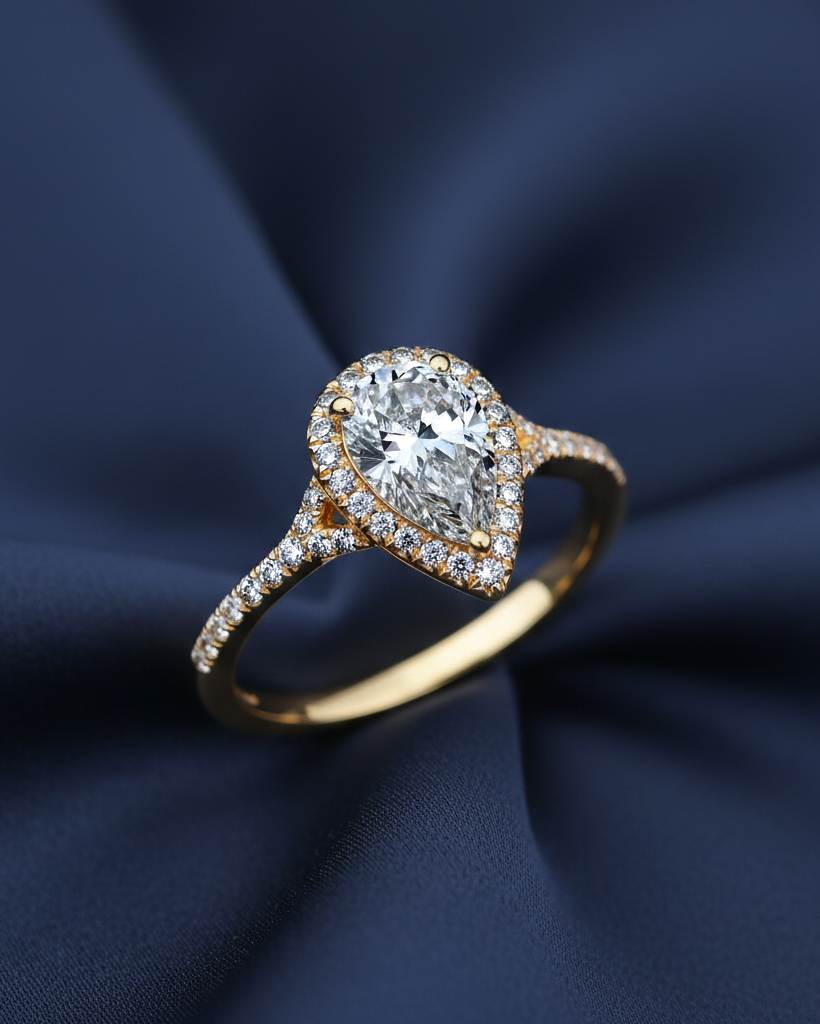 Pear Shape Halo Diamond Ring Yellow Gold by Avikaara Jewels