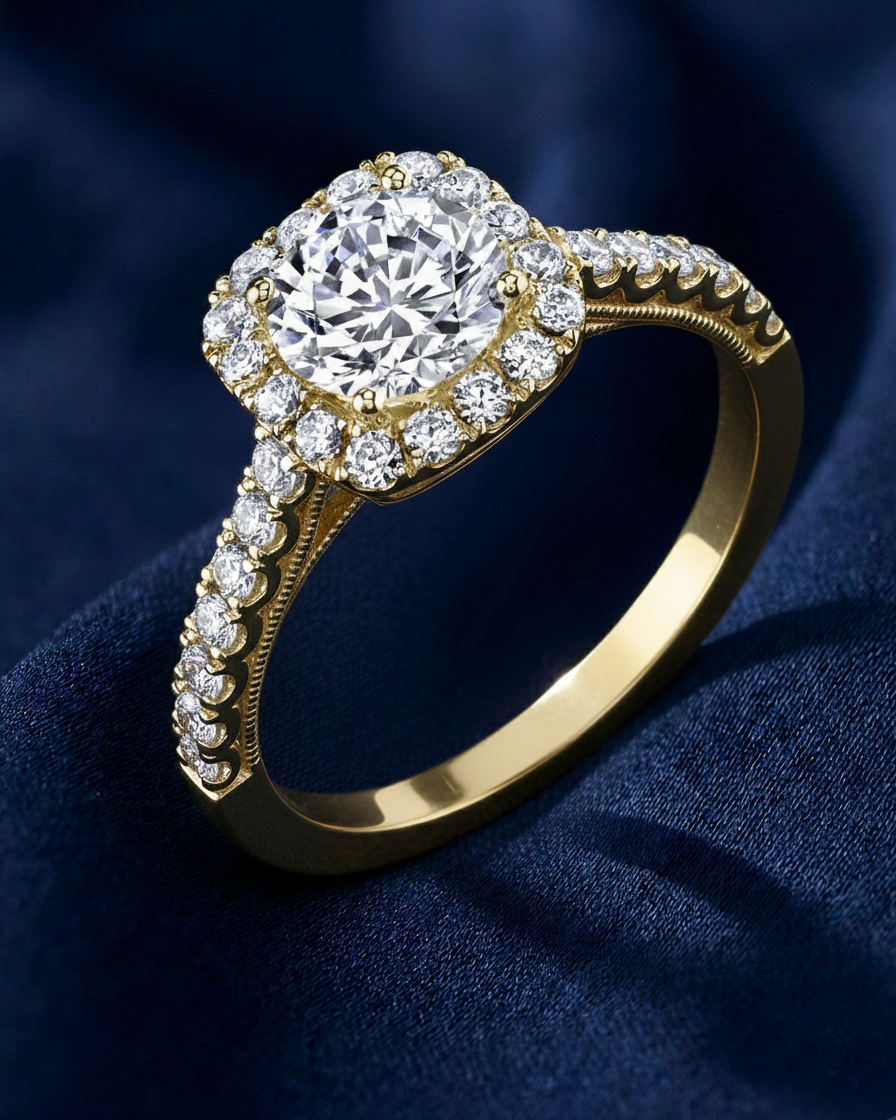 round diamond halo ring Yellow Gold by Avikaara Jewels