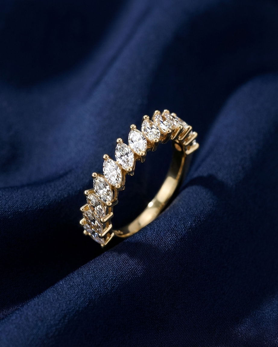 Marquise Cut Diamond Half Eternity Ring Yellow Gold by Avikaara Jewels