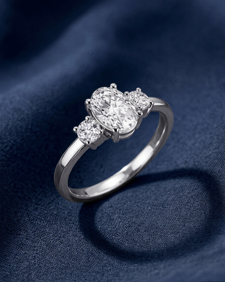 oval diamond trilogy ring white gold avikaara jewels