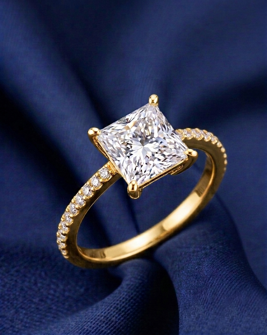 princess cut diamond ring with diamond band yellow gold by Avikaara Jewels